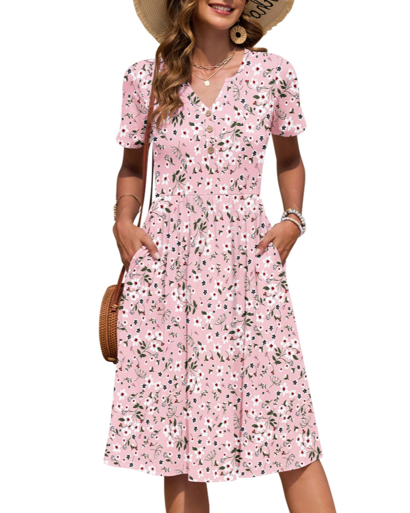 Ester Damenkleid – Midikleid für den Sommer mit V-Ausschnitt, kurzen Ärmeln, Knopfleiste, Empire-Taille und Taschen
