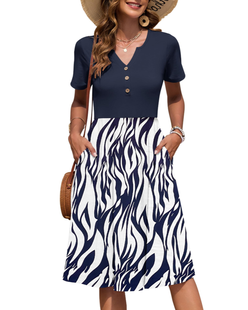 Ester Damenkleid – Midikleid für den Sommer mit V-Ausschnitt, kurzen Ärmeln, Knopfleiste, Empire-Taille und Taschen