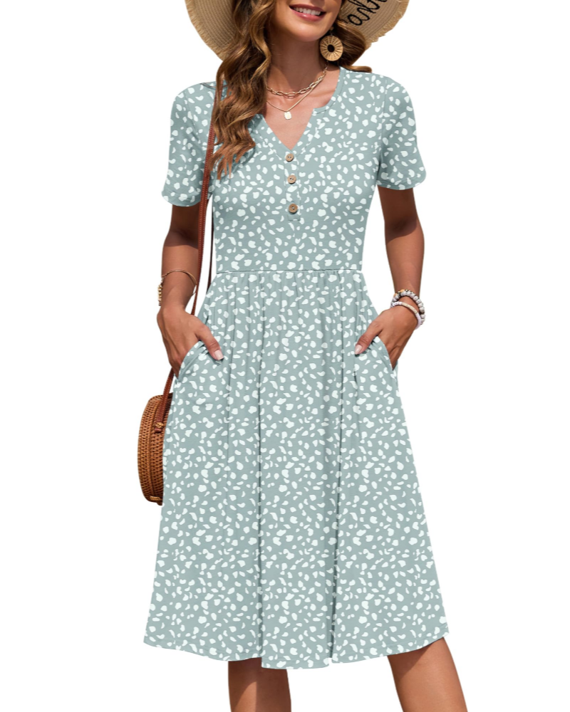 Ester Damenkleid – Midikleid für den Sommer mit V-Ausschnitt, kurzen Ärmeln, Knopfleiste, Empire-Taille und Taschen