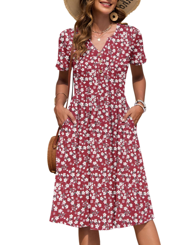 Ester Damenkleid – Midikleid für den Sommer mit V-Ausschnitt, kurzen Ärmeln, Knopfleiste, Empire-Taille und Taschen
