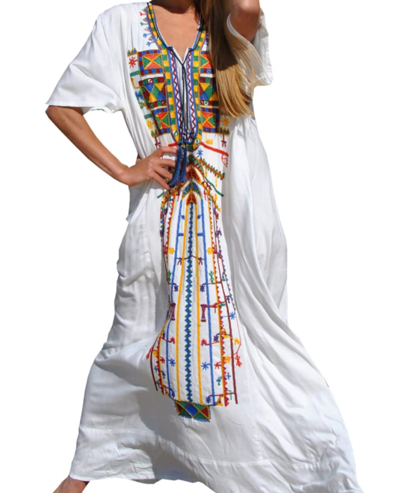 Ninna Dámský Kaftan – Dlouhé Bohémské Kimono s Květinovým Potiskem, Plážové Lehoučké Letní Překrytí