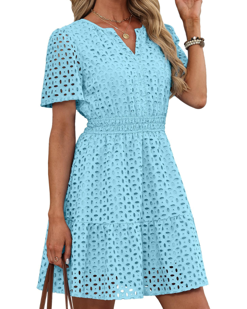 Hedwig Robe Femme – Col V Dentelle Brodée, Manches Courtes & Coupe Mini Taille Haute Été