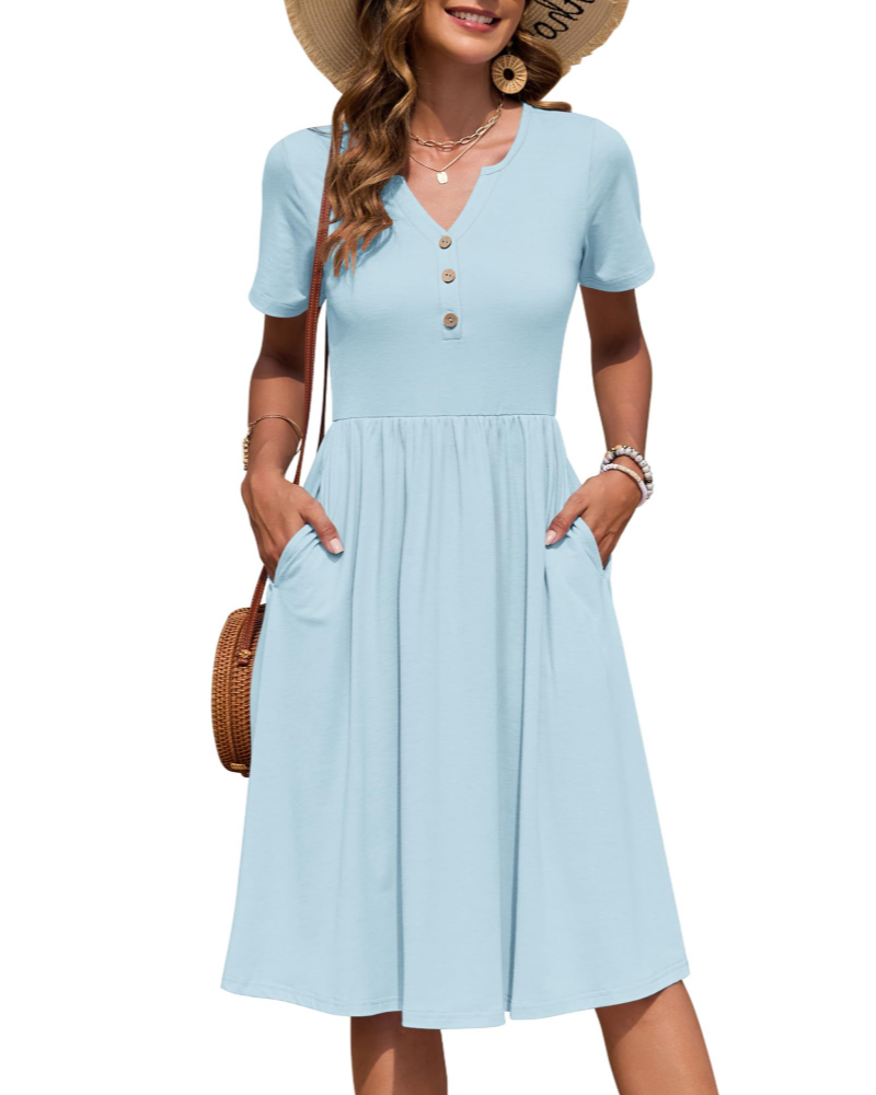 Ester Damenkleid – Midikleid für den Sommer mit V-Ausschnitt, kurzen Ärmeln, Knopfleiste, Empire-Taille und Taschen