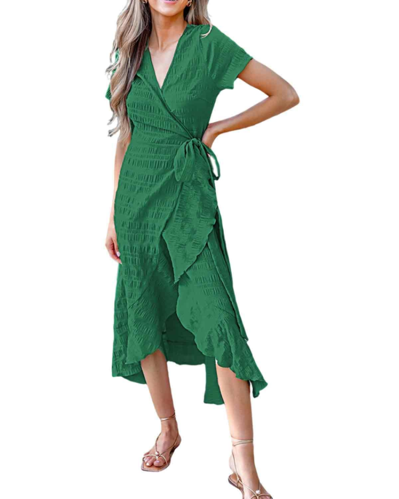 Lionie Robe Femme – Robe Longue Portefeuille Fleurie Col V Manches Courtes Volants Taille Ajustable