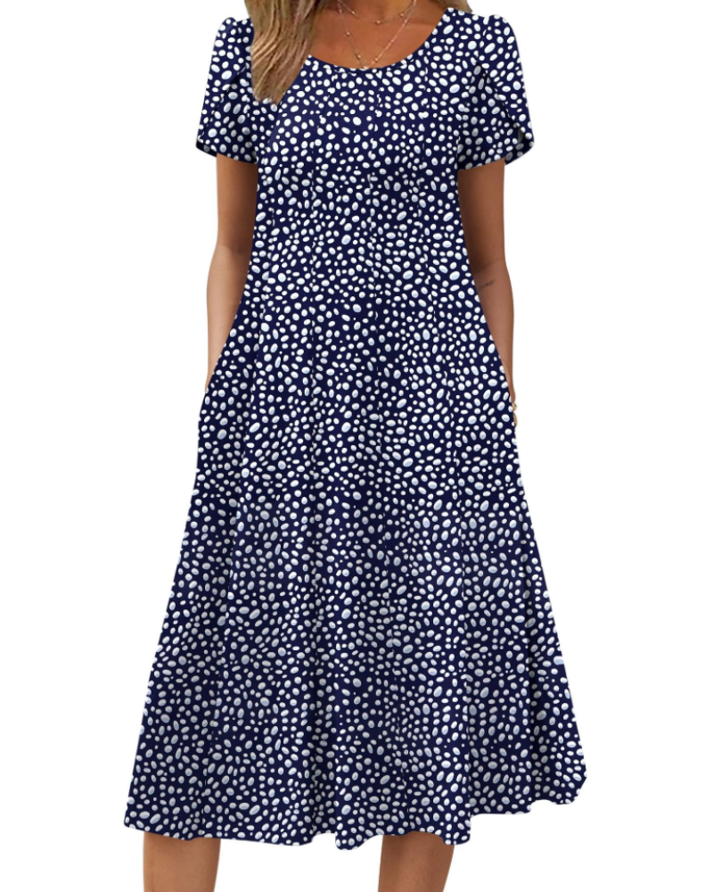 Vestido Camille Mulher – Vestido Midi Floral Corte A Linha Mangas Curtas Bolsos Cintura Alta Verão