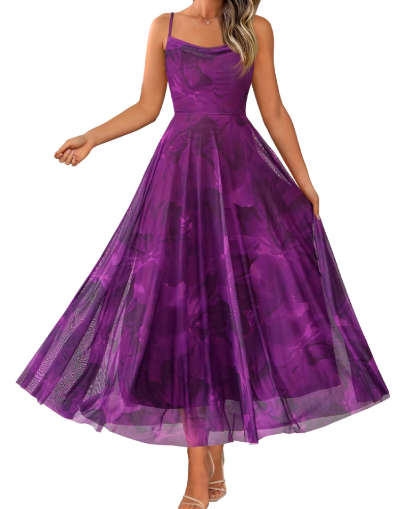 Denise Robe Femme – Robe Maxi Fleurie Bretelles Fines Col Drapé Coupe A-Line Élégante
