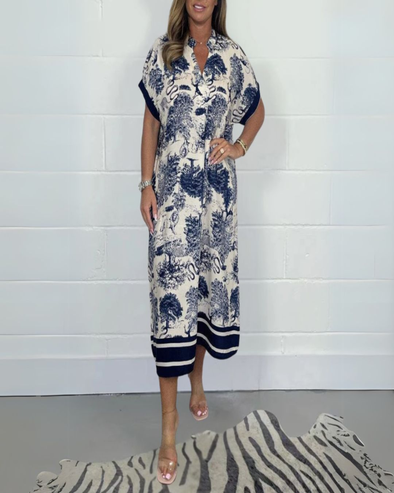 Mena Robe Midi Femme – Robe Col V Manches Courtes, Coupe Fluide & Confort Élégant