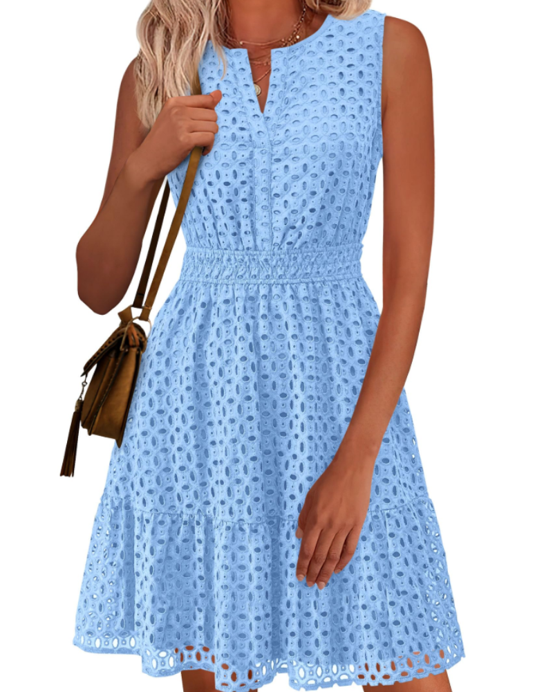 Vestido Clarisse Mulher – Vestido de Verão A-Line Decote em V Sem Mangas Bordado Inglês Cintura Elástica