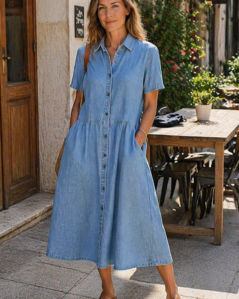 Monette Women's Dress – Mid-Length Button-Down Denim Dress with Shirt Collar & Casual Chic Pockets