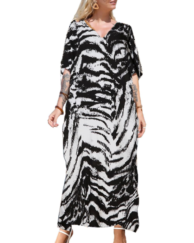 Vestido Kaftan Amelie Mulher – Kaftan Longo Boémio Decote em V Mangas Largas Saída de Praia Tamanho Único