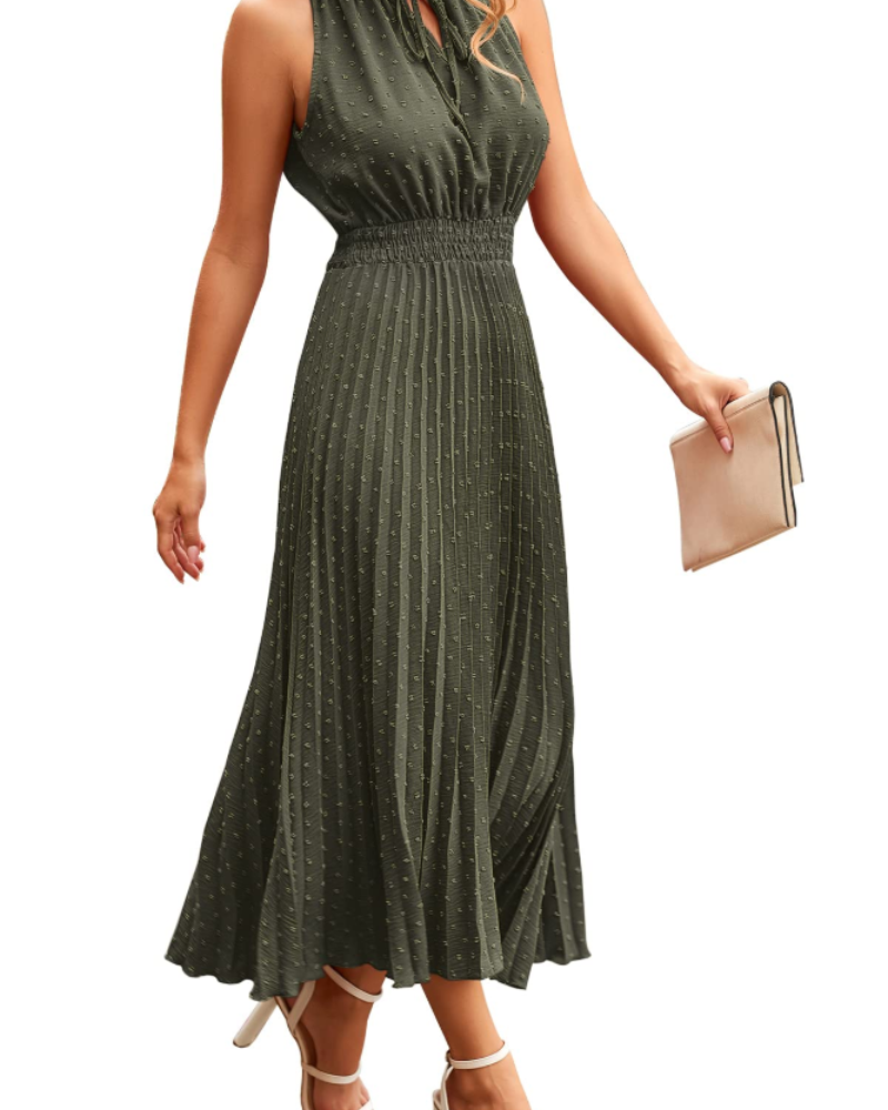 Vestido Vina para Mulher – Vestido Midi com Decote em V, Swiss Dot, Folhos, Sem Mangas, Cintura Alta, Verão