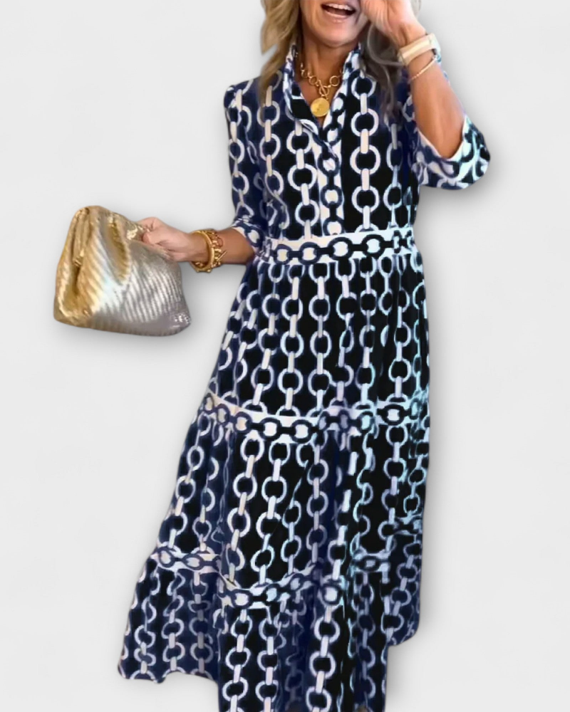 Juliette Robe Midi Femme – Robe Imprimé Chaînes, Coupe Élégante & Style Moderne