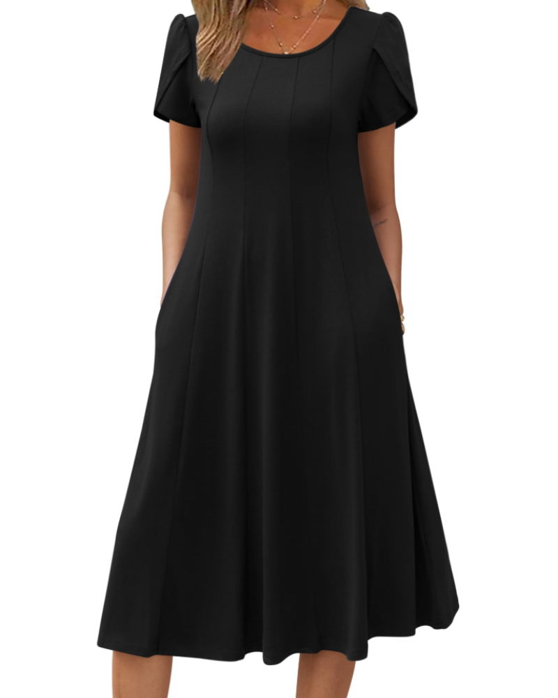 Vestido Camille Mulher – Vestido Midi Floral Corte A Linha Mangas Curtas Bolsos Cintura Alta Verão