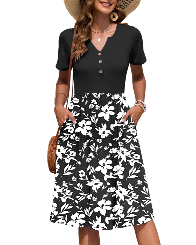 Ester Damenkleid – Midikleid für den Sommer mit V-Ausschnitt, kurzen Ärmeln, Knopfleiste, Empire-Taille und Taschen