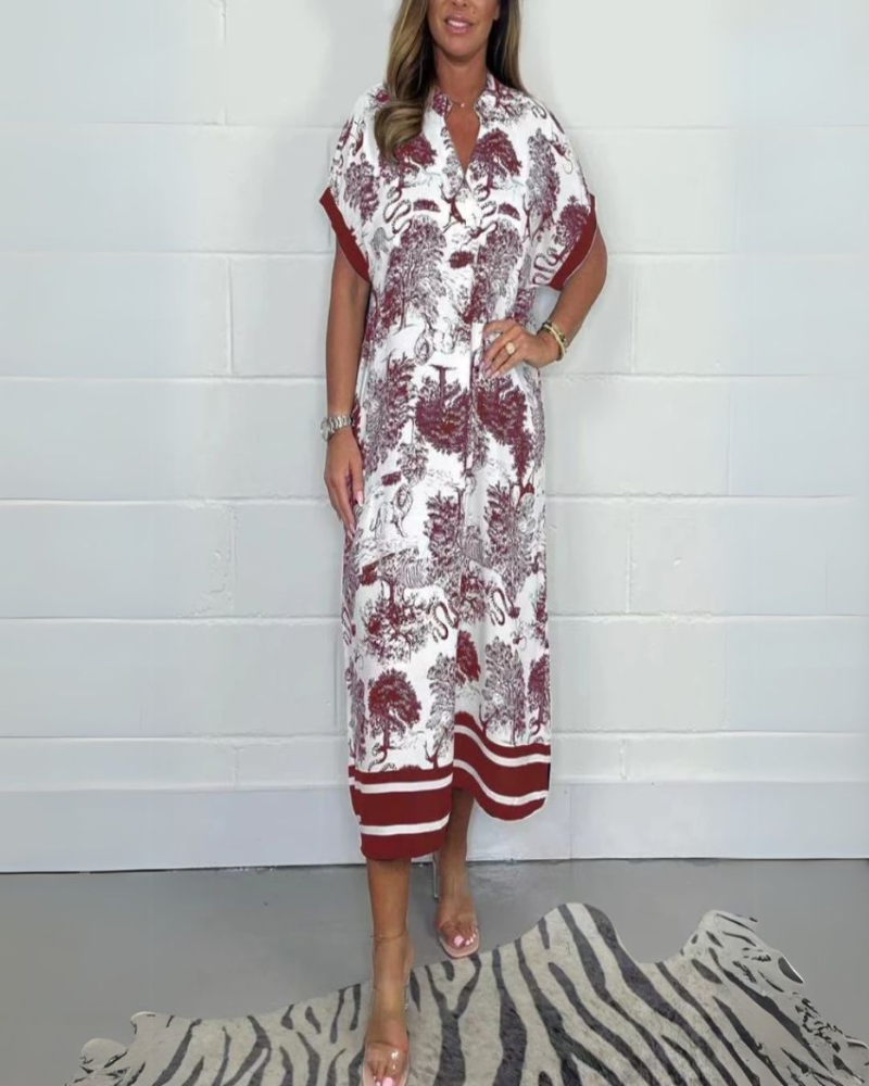 Mena Robe Midi Femme – Robe Col V Manches Courtes, Coupe Fluide & Confort Élégant