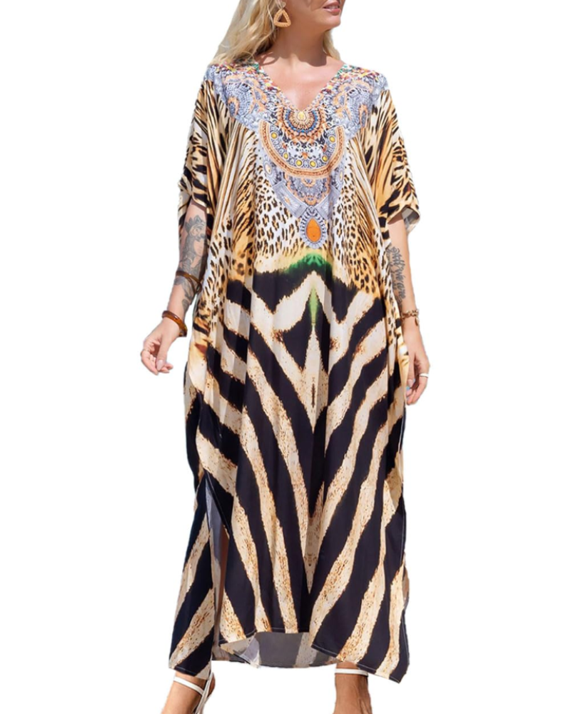 Vestido Kaftan Amelie Mulher – Kaftan Longo Boémio Decote em V Mangas Largas Saída de Praia Tamanho Único