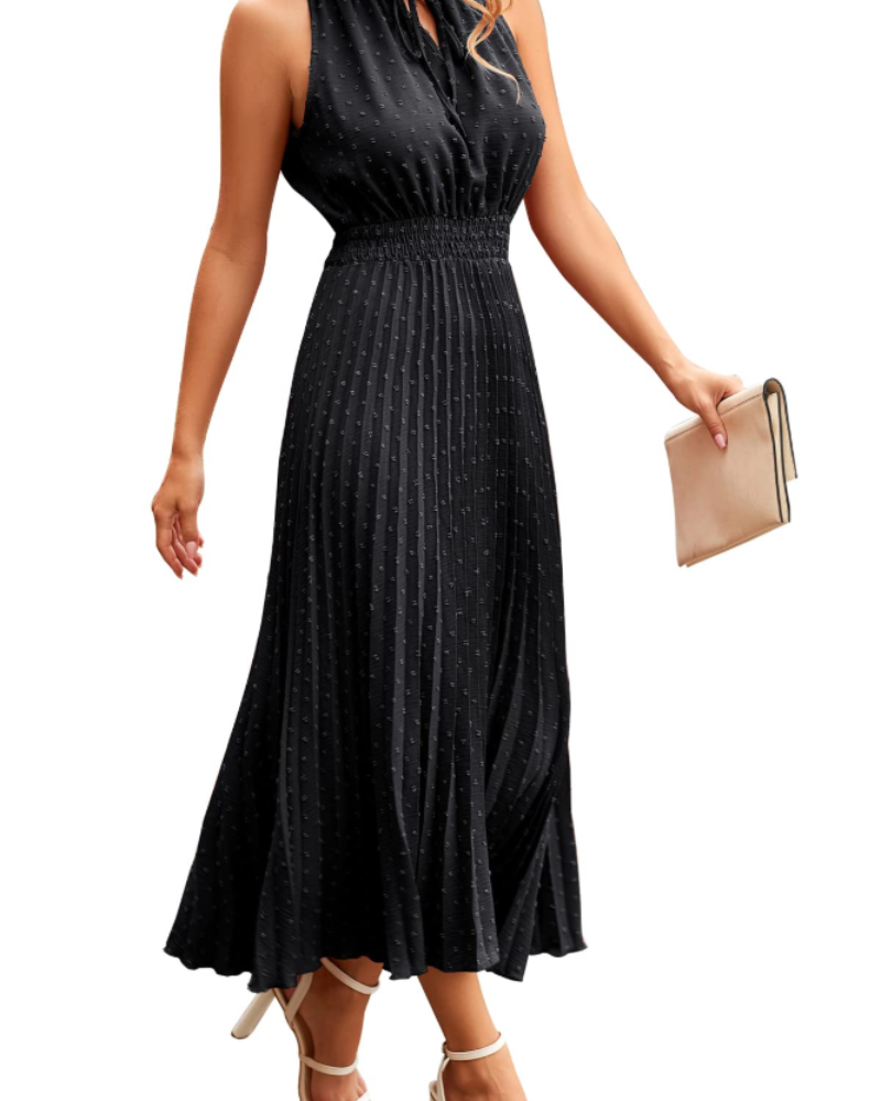 Vestido Vina para Mulher – Vestido Midi com Decote em V, Swiss Dot, Folhos, Sem Mangas, Cintura Alta, Verão