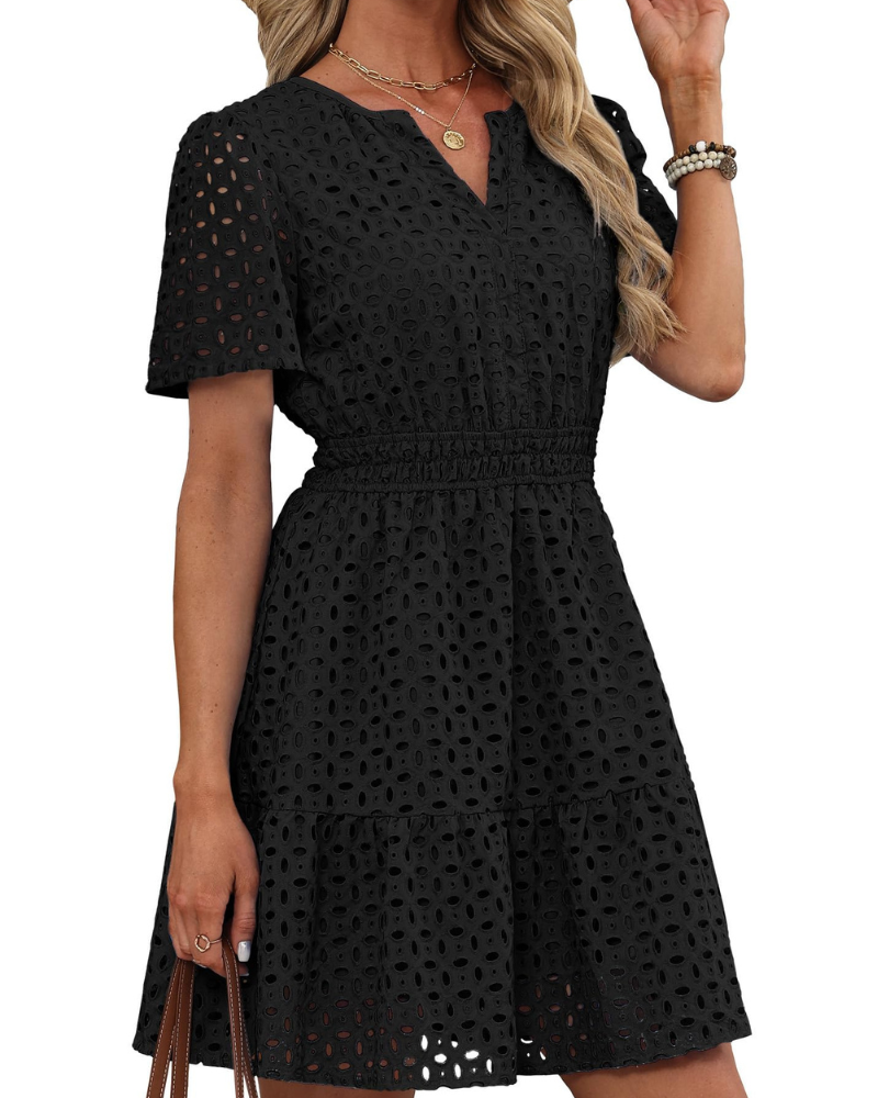 Hedwig Robe Femme – Col V Dentelle Brodée, Manches Courtes & Coupe Mini Taille Haute Été