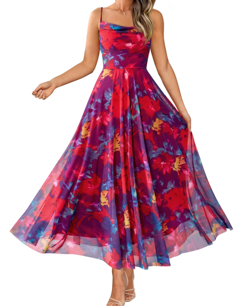 Denise Robe Femme – Robe Maxi Fleurie Bretelles Fines Col Drapé Coupe A-Line Élégante