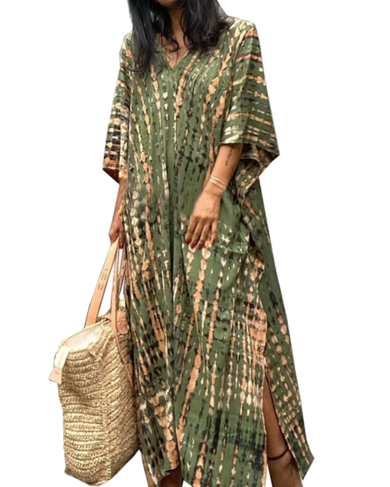 Ninna Dámský Kaftan – Dlouhé Bohémské Kimono s Květinovým Potiskem, Plážové Lehoučké Letní Překrytí