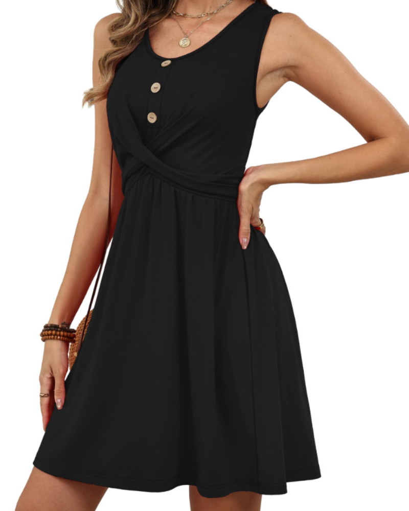 Cloie Robe Femme – Robe Été Sans Manches Col V Taille Haute Boutons Coupe Fluide Chic