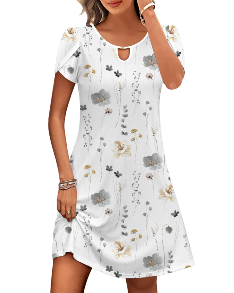 Sendre Damekjole – Blomstret A-formet T-shirt-kjole med lommer, let og afslappet sommerkjole