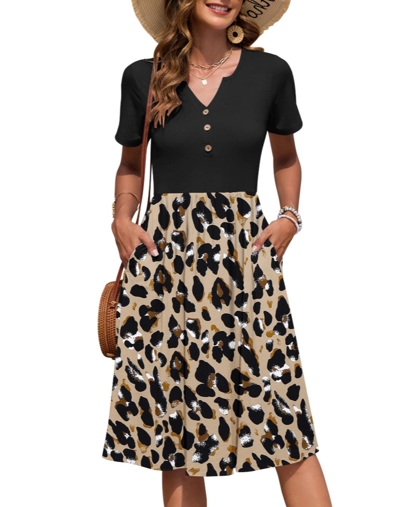 Ester Damenkleid – Midikleid für den Sommer mit V-Ausschnitt, kurzen Ärmeln, Knopfleiste, Empire-Taille und Taschen