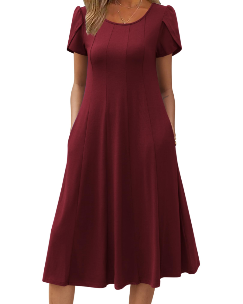Vestido Camille Mulher – Vestido Midi Floral Corte A Linha Mangas Curtas Bolsos Cintura Alta Verão