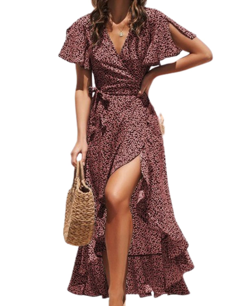 Lionie Robe Femme – Robe Longue Portefeuille Fleurie Col V Manches Courtes Volants Taille Ajustable