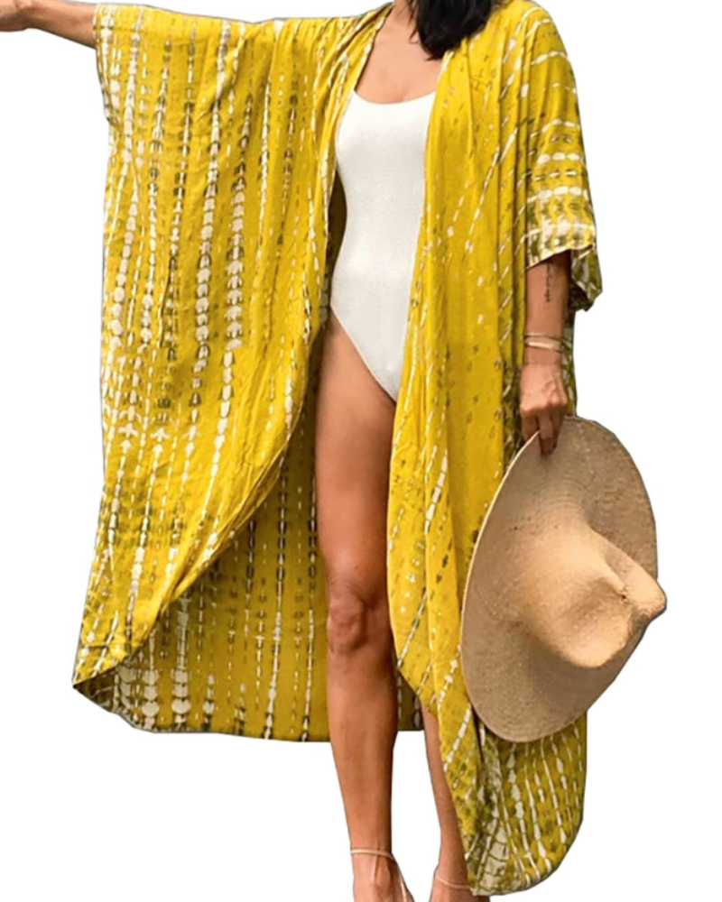 Ninna Dámský Kaftan – Dlouhé Bohémské Kimono s Květinovým Potiskem, Plážové Lehoučké Letní Překrytí