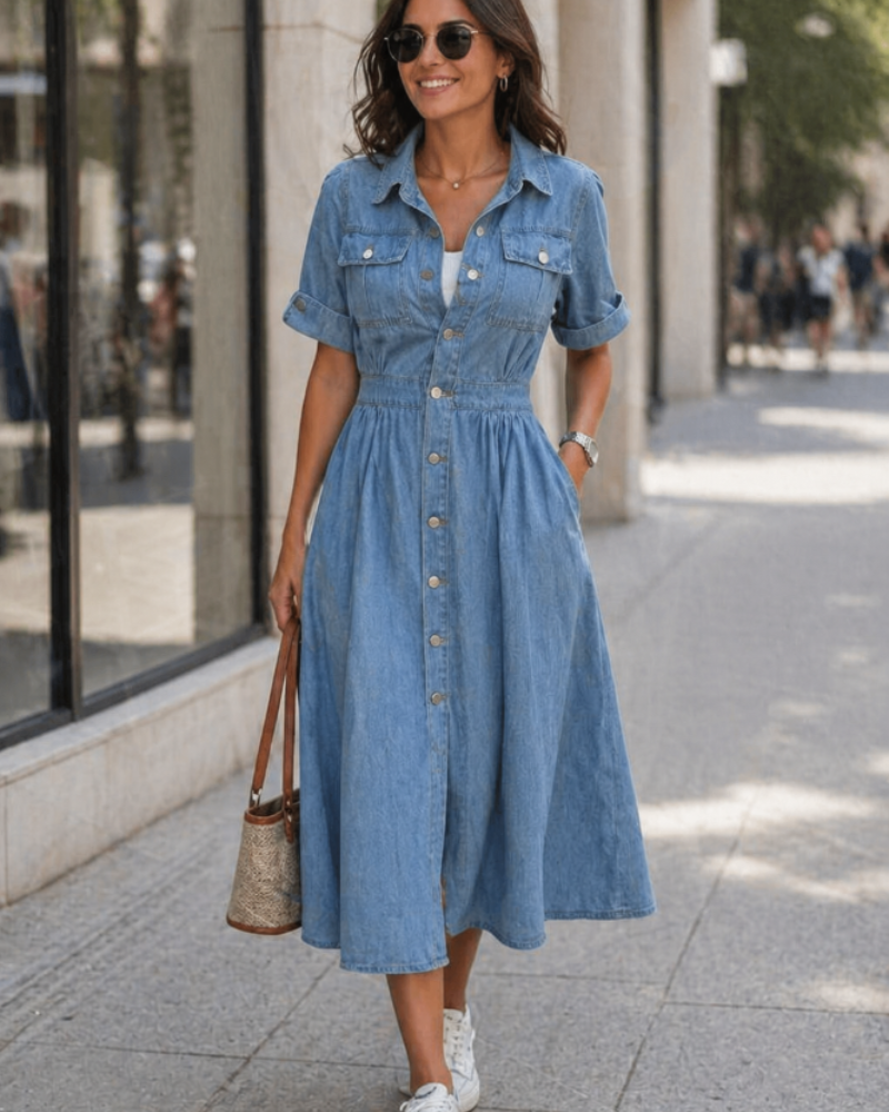 Krista Midi Dress for Women Denim – Buttoned Jean Dress, Short Sleeves