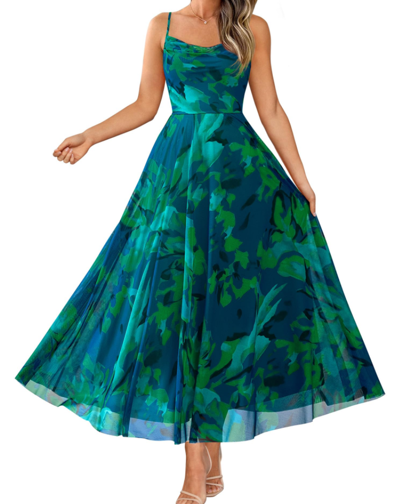 Denise Robe Femme – Robe Maxi Fleurie Bretelles Fines Col Drapé Coupe A-Line Élégante
