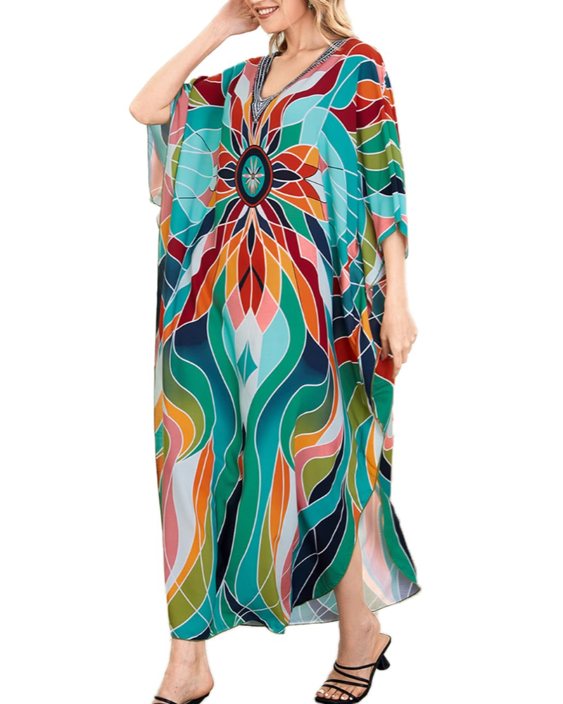 Vestido Kaftan Amelie Mulher – Kaftan Longo Boémio Decote em V Mangas Largas Saída de Praia Tamanho Único