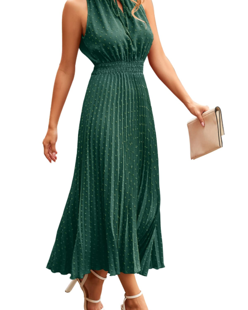Vestido Vina para Mulher – Vestido Midi com Decote em V, Swiss Dot, Folhos, Sem Mangas, Cintura Alta, Verão