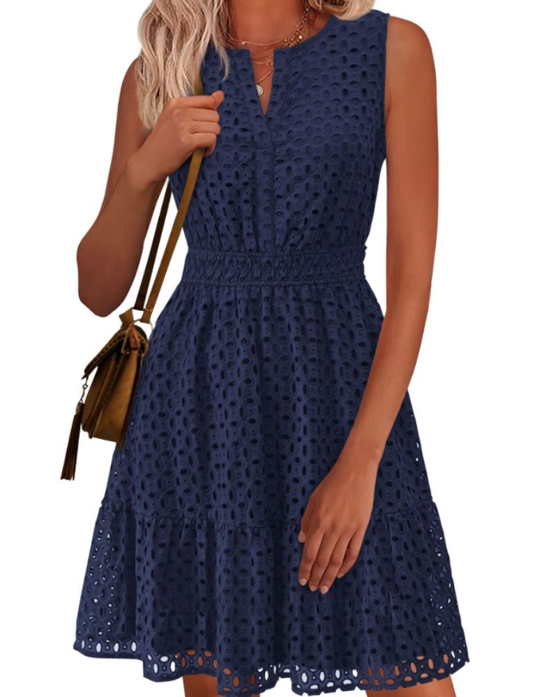 Vestido Clarisse Mulher – Vestido de Verão A-Line Decote em V Sem Mangas Bordado Inglês Cintura Elástica