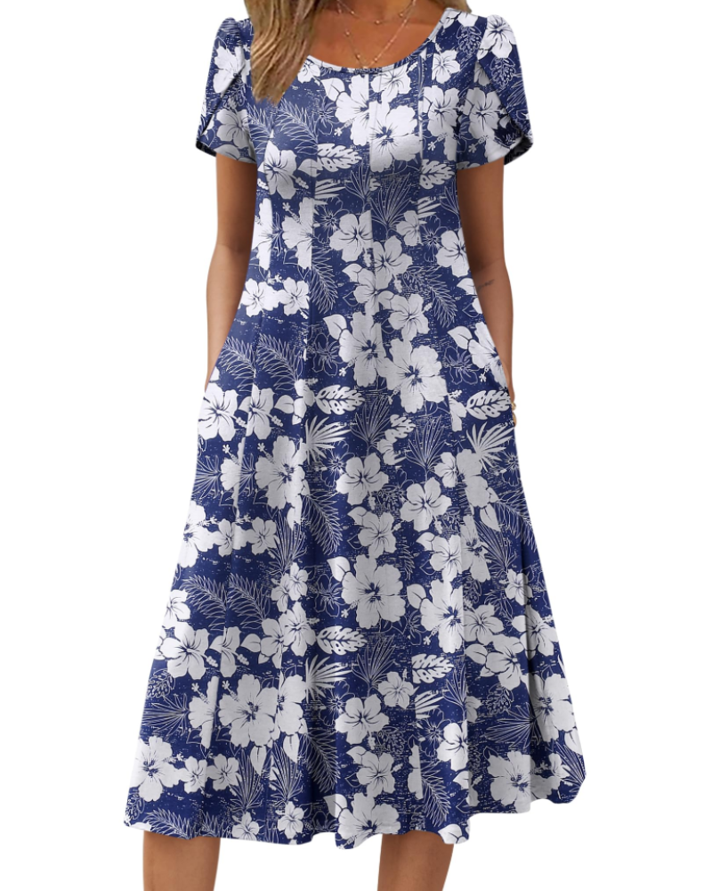 Vestido Camille Mulher – Vestido Midi Floral Corte A Linha Mangas Curtas Bolsos Cintura Alta Verão
