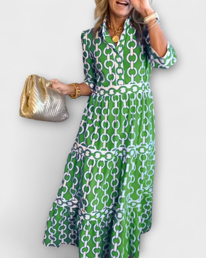 Juliette Robe Midi Femme – Robe Imprimé Chaînes, Coupe Élégante & Style Moderne