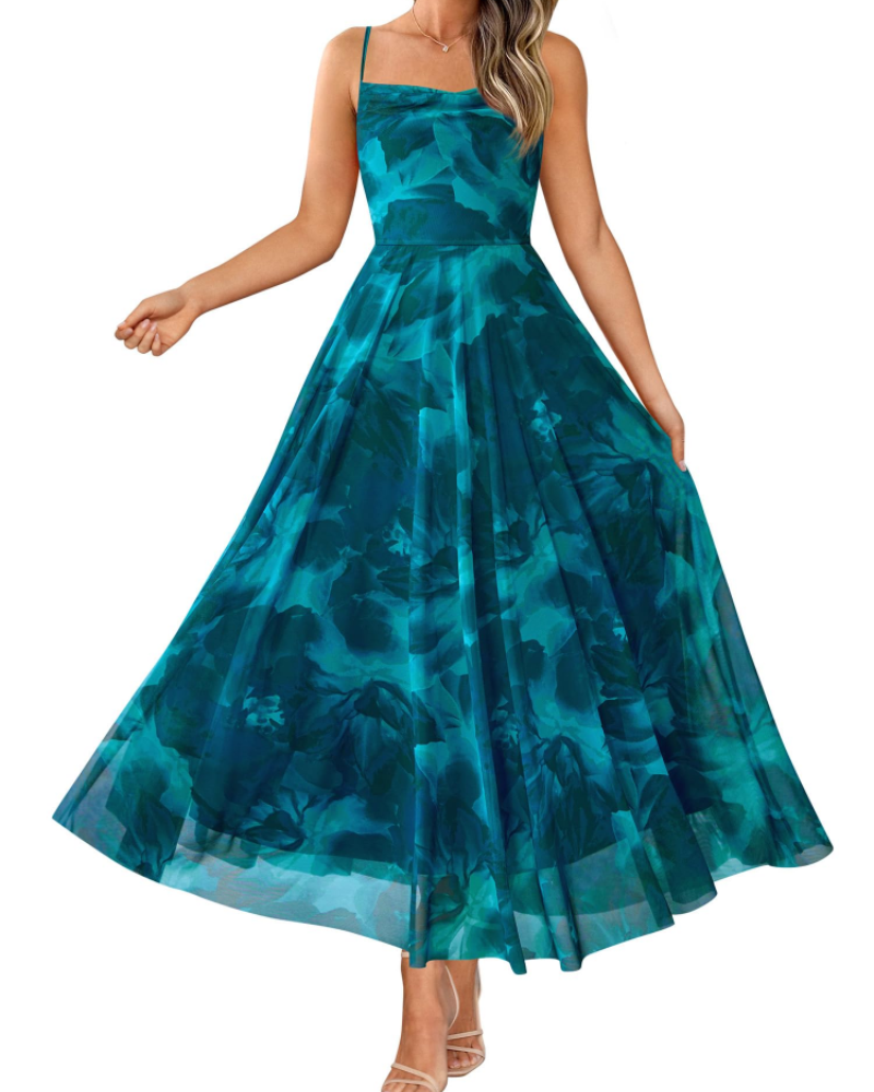 Denise Robe Femme – Robe Maxi Fleurie Bretelles Fines Col Drapé Coupe A-Line Élégante