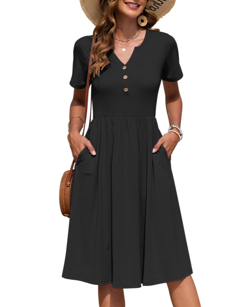 Ester Damenkleid – Midikleid für den Sommer mit V-Ausschnitt, kurzen Ärmeln, Knopfleiste, Empire-Taille und Taschen