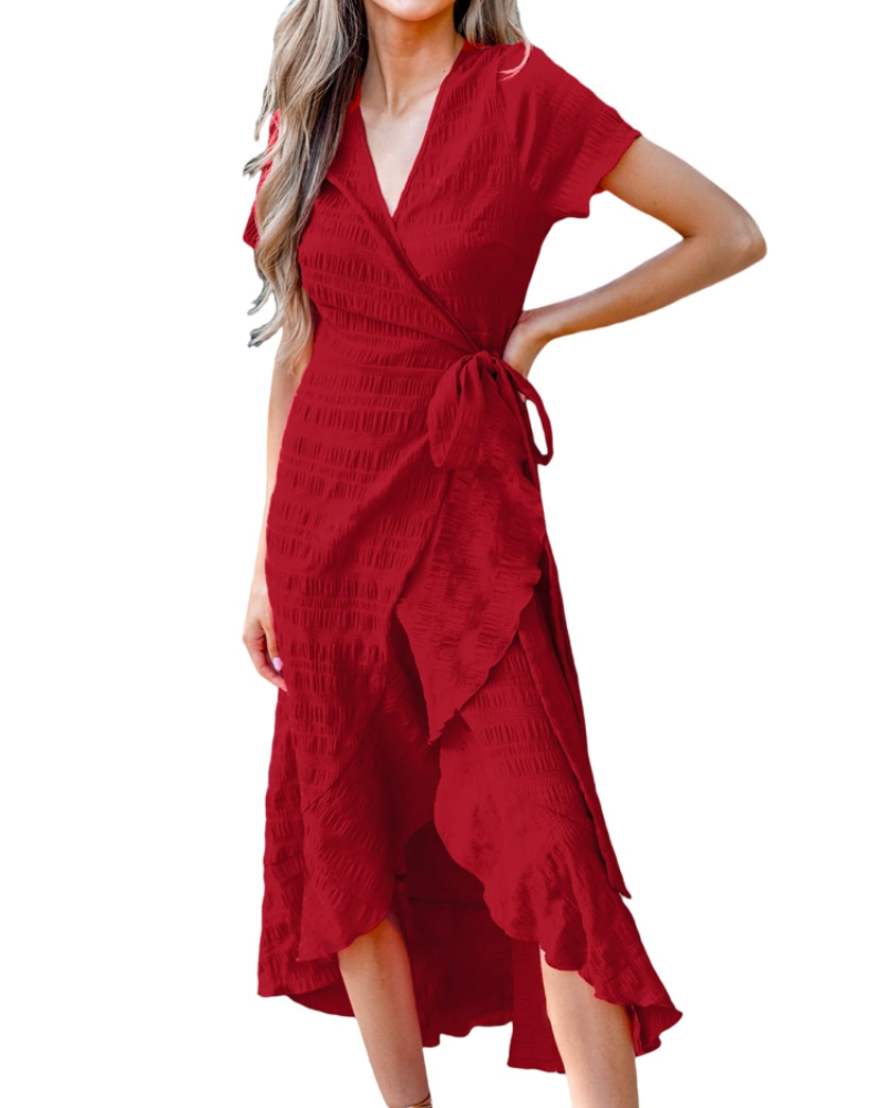 Lionie Robe Femme – Robe Longue Portefeuille Fleurie Col V Manches Courtes Volants Taille Ajustable