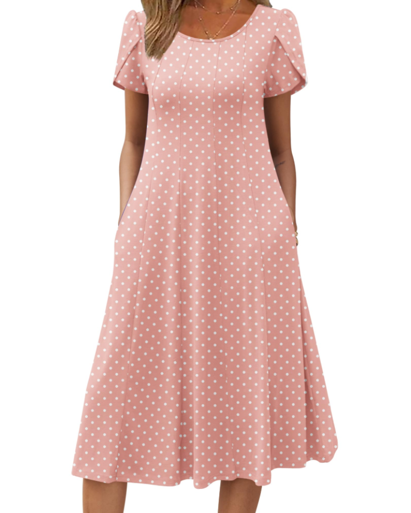 Vestido Camille Mulher – Vestido Midi Floral Corte A Linha Mangas Curtas Bolsos Cintura Alta Verão