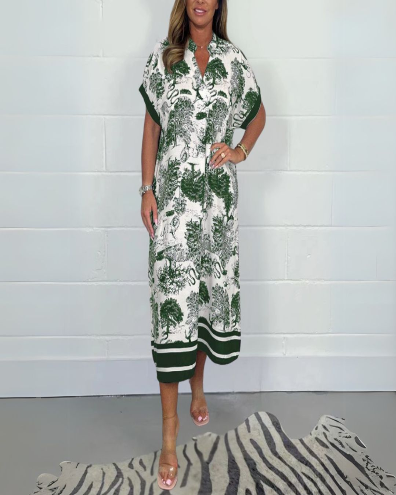 Mena Robe Midi Femme – Robe Col V Manches Courtes, Coupe Fluide & Confort Élégant