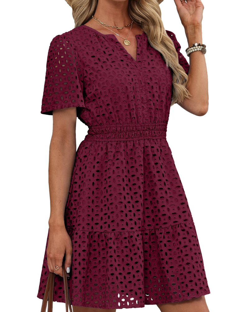 Hedwig Robe Femme – Col V Dentelle Brodée, Manches Courtes & Coupe Mini Taille Haute Été