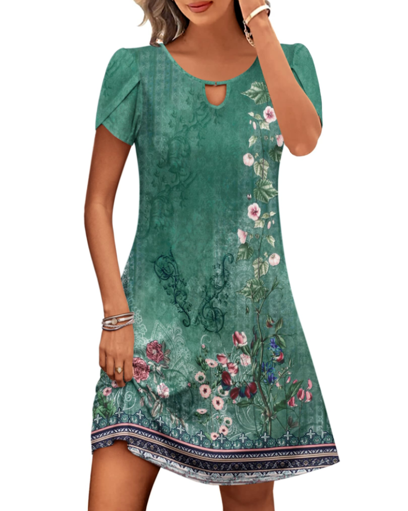 Sendre Damekjole – Blomstret A-formet T-shirt-kjole med lommer, let og afslappet sommerkjole