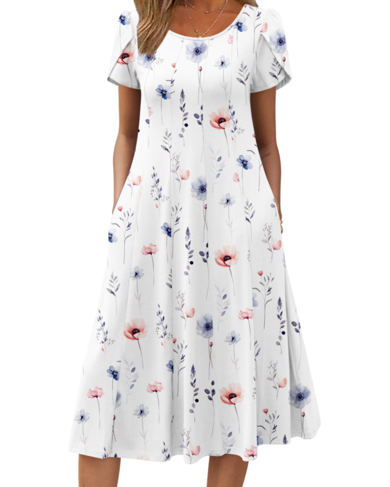 Vestido Camille Mulher – Vestido Midi Floral Corte A Linha Mangas Curtas Bolsos Cintura Alta Verão