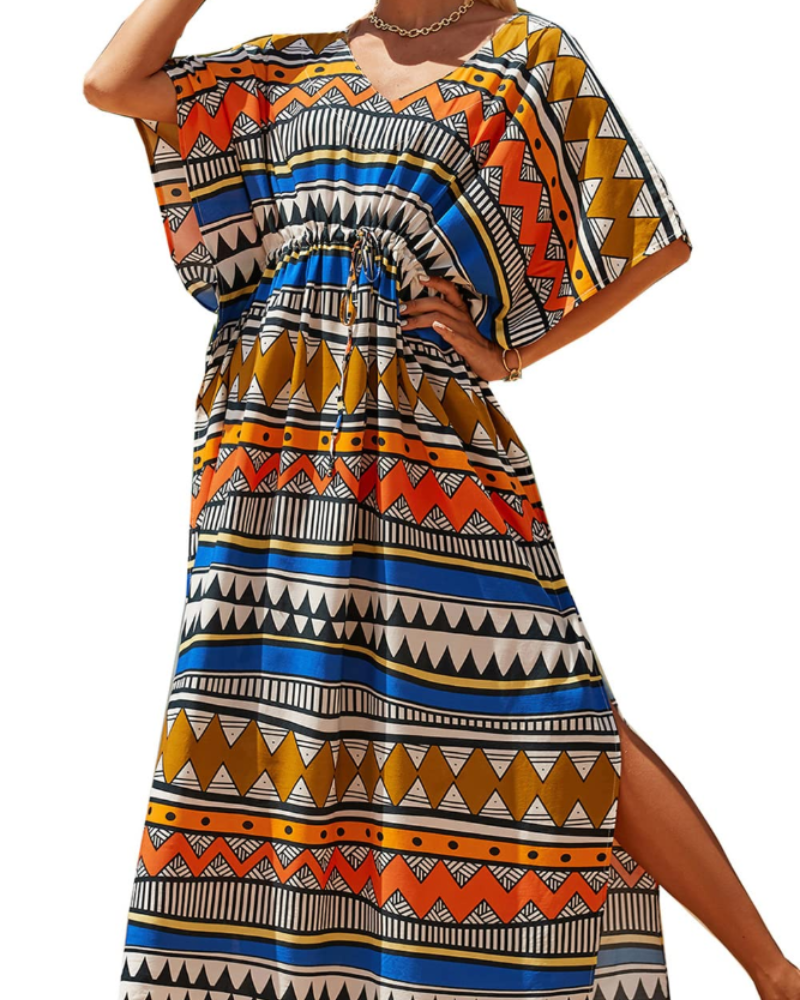 Ninna Dámský Kaftan – Dlouhé Bohémské Kimono s Květinovým Potiskem, Plážové Lehoučké Letní Překrytí