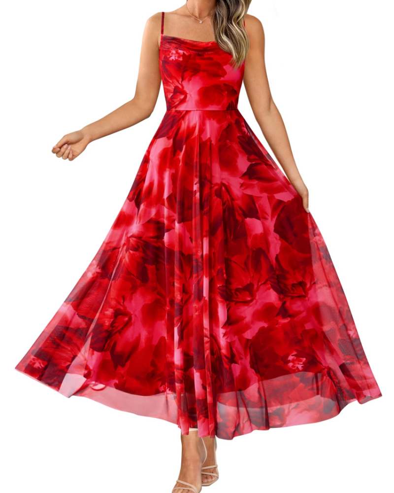 Denise Robe Femme – Robe Maxi Fleurie Bretelles Fines Col Drapé Coupe A-Line Élégante