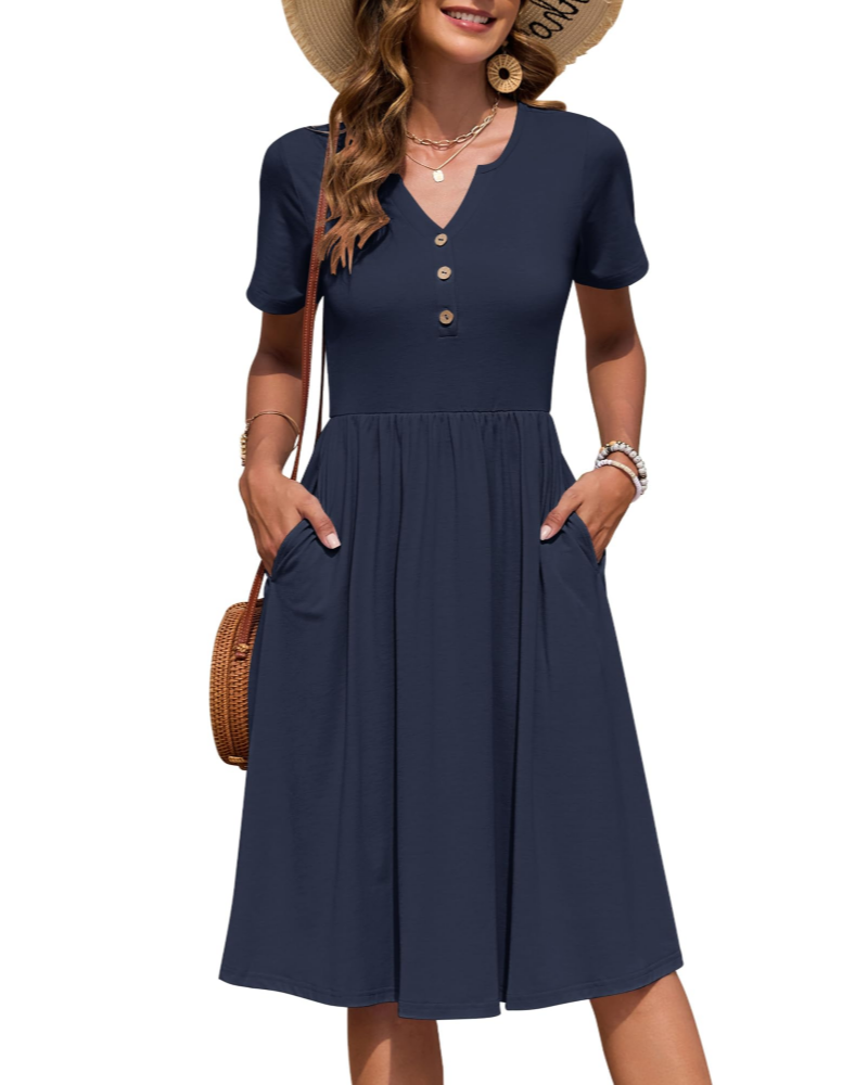Ester Damenkleid – Midikleid für den Sommer mit V-Ausschnitt, kurzen Ärmeln, Knopfleiste, Empire-Taille und Taschen