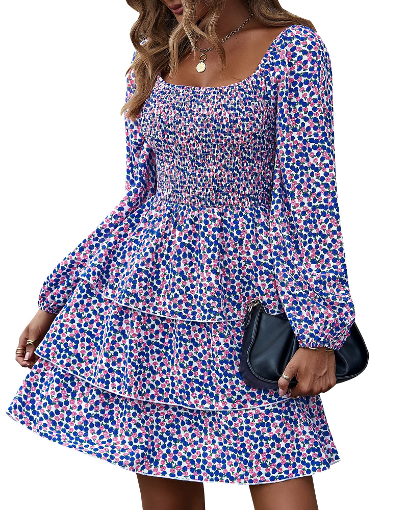 Léa Robe Femme – Robe Bohème Mini Col Carré Smockée Taille Haute Manches Longues Volants