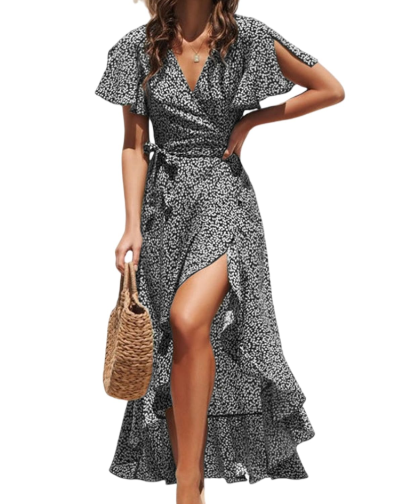 Lionie Robe Femme – Robe Longue Portefeuille Fleurie Col V Manches Courtes Volants Taille Ajustable